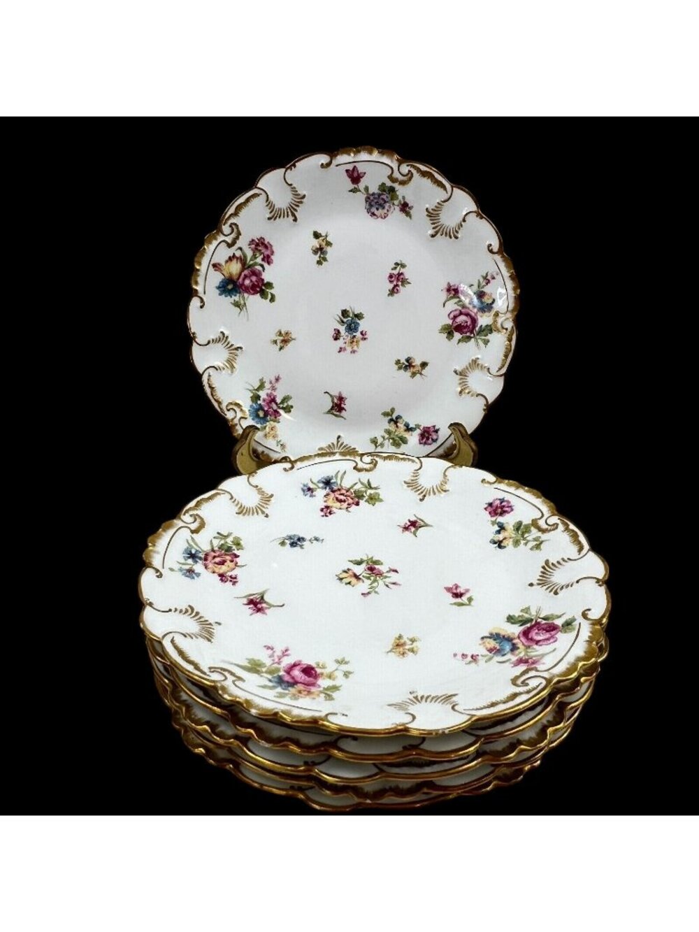 Vtg Limoges GDA Burley & Co Salad Plates Set 6 Gilded Floral France Signed 8.25"
